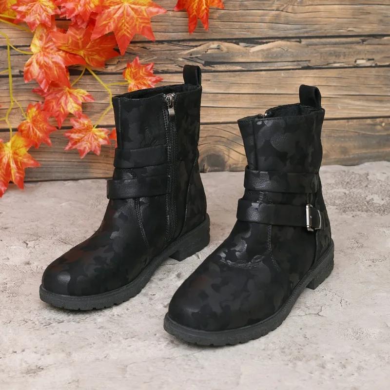 Fashion Size 36-43 Round Toe Belt Buckle Side Zipper Med Heels Short Boots Women's Shoes Retro Camouflage Chelsea Boot Botas Mujer