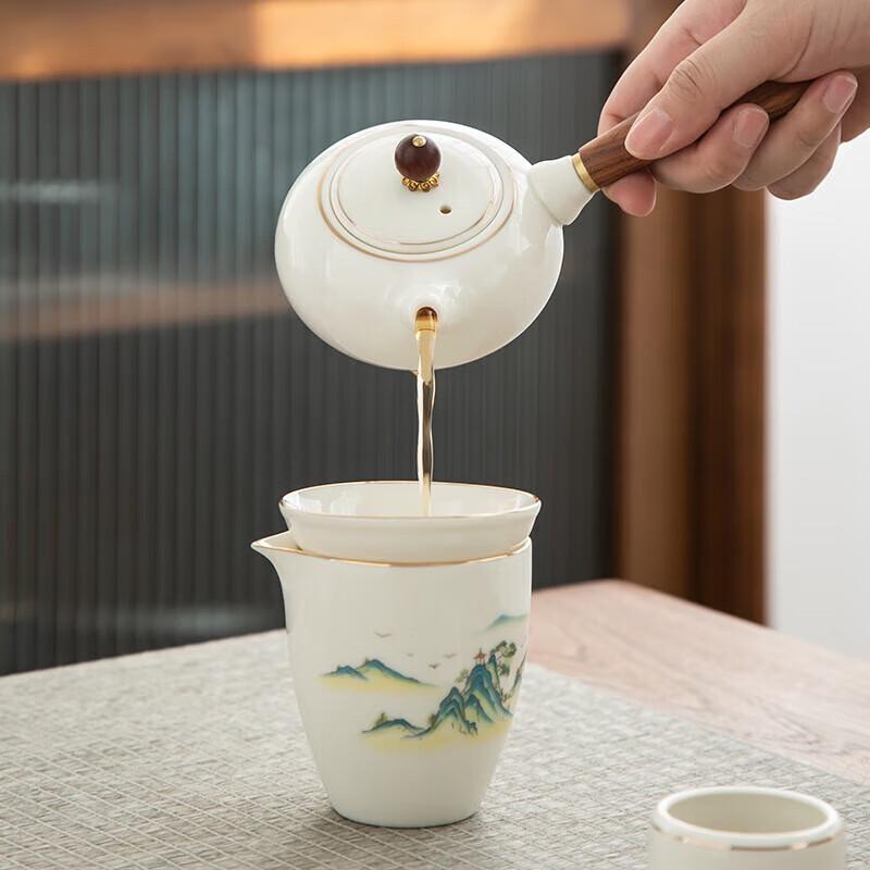 CHANGSHEGNYUAN Gold Pavilion Landscape White Ceramic Kung Fu Tea Set