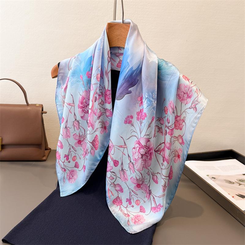 Floral Print Silk Square Scarf Women Neckerchief Female Foulard Headscarf Hijab Bandana Soft Hand Bag Ribbon Decorate Neck Ties