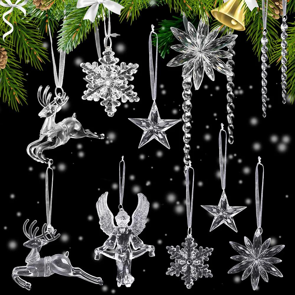 Clear Acrylic Snowflake Ornaments Christmas Tree Decorations Winter Wonderland Party Star Snowflake Deer Shaped Crystal Decor