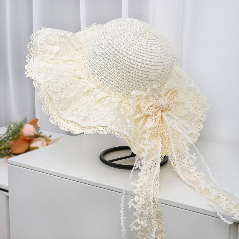 Lace Bow Big Brim Straw Hat Seaside Beach Sunscreen Hat Ladies Pretty Sun Hat