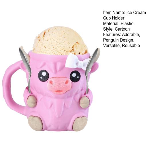 Highland Cow Ice Cream Pint Holder with 2 Spoons Penguin Ice Cream Holder Reusable Popsicle Containers Beer Can Holder for Kitchen Cafe Restaurant