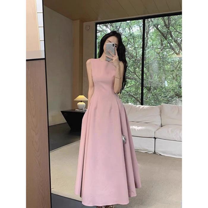 

Solid color dress children s summer new French temperament high-end sleeveless vest waist thin dress 2XL рожевий
