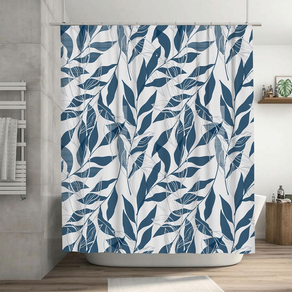 Modern Floral Bath Curtain with Waterproof Shower Fabric Blue and White Leaf Pattern Decorative Shower Curtains for Bathroom