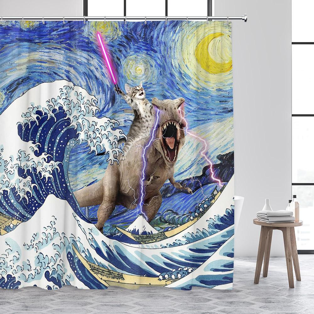 Funny Animals Shower Curtain Cute Diving Dog Cat Riding Shark Brown Bear Ocean Landscape Children Bathroom Curtains Fabric Decor
