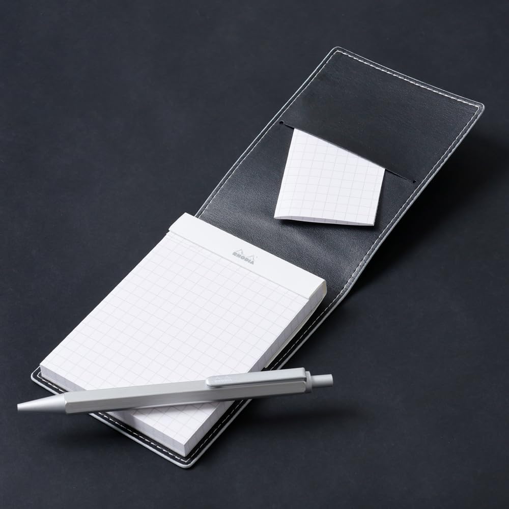 RHODIA Metallic PU Leather Ballpoint Pen Script Set Silver RHODIA A7 Notepad with 5mm RHODIA cfmtpu11setsv (Block No.11 White/80 Sheets, Grid)