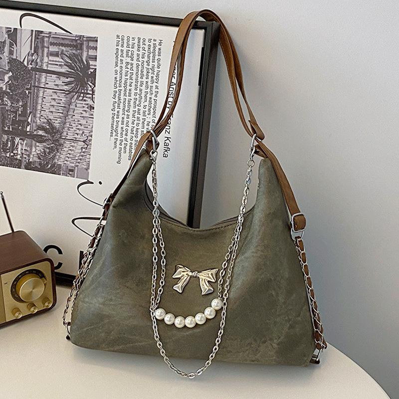 

Рюкзак через плечо с жемчужной цепочкой, текстурированный, женский, весна-лето 2024, новая универсальная трендовая сумка-тоут