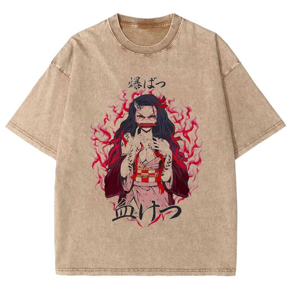 Anime Demon Slayer Kamado Nezuko Graphic Tee Men Women Manga Cotton T-shirts Oversized Washed Tshirt Harajuku Male T Shirt
