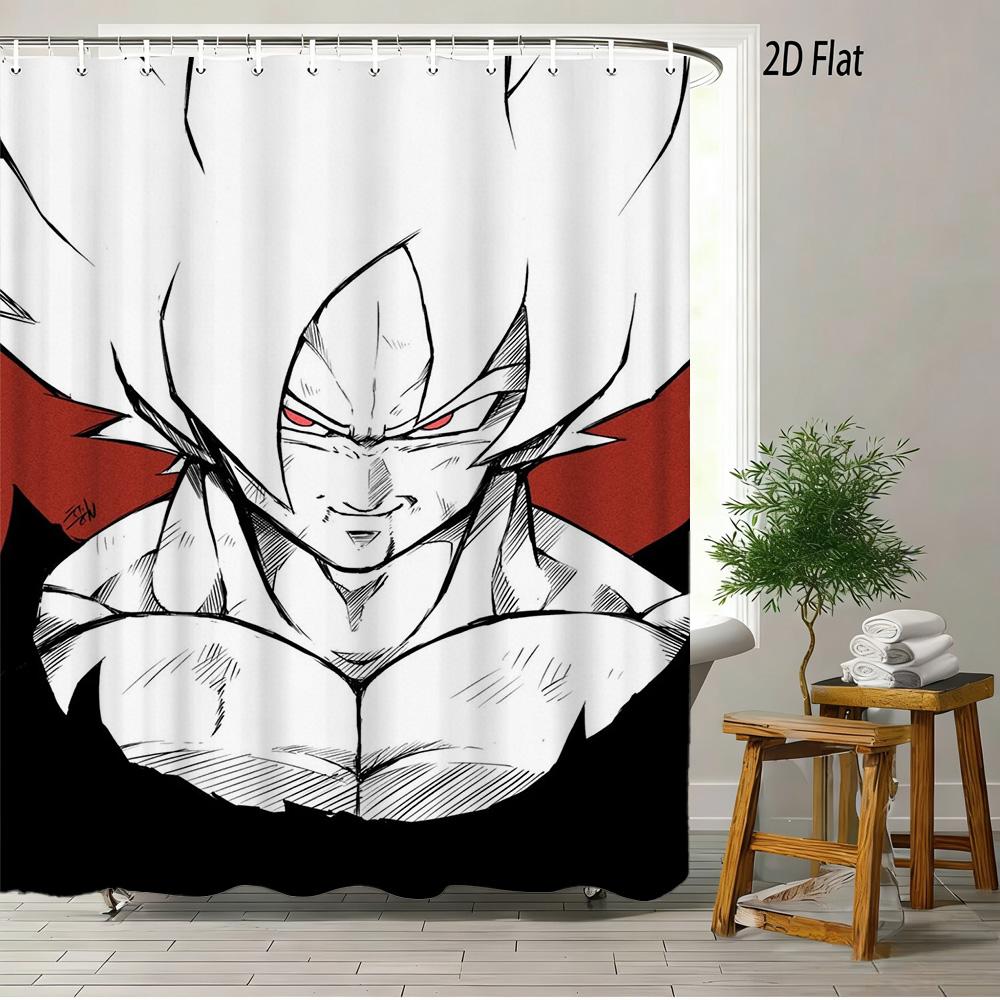 Dragon Ball Z Vegeta Super Saiyan Rüstung Szene 2D Druck Wasserdichter Duschvorhang, Retro Körniger Türkisblauer Himmel Hintergrund mit Ikonischem S