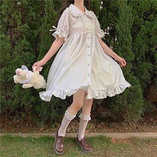 Lady Lazy Lolita Short Sleeve Round White Dress, Collar, Knee-Length, (L)