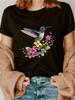Short-Sleeved T-Shirt with a Vibrant Graphic Print of a Hummingbird Surrounded by a Floral Wreath, P