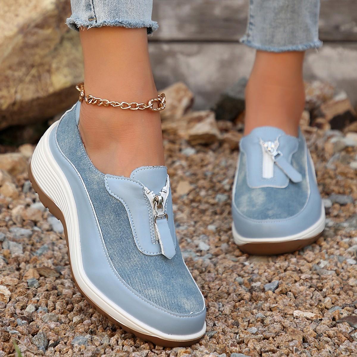 

Модные женские легкие кроссовки на танкетке 2024 года, удобные повседневные кроссовки с молнией спереди, толстая подошва 39 синий