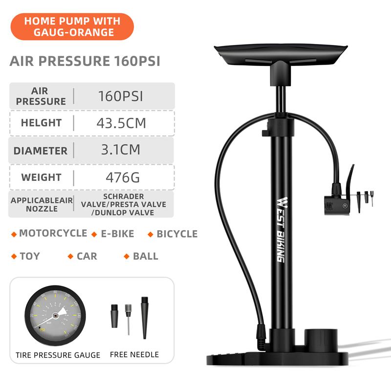 WEST BIKING 160PSI Bike Pump Portable Stainless Steel Floor Pump Presta&Schrader Valve Tire Inflator MTB Road Bike Accessories