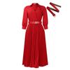 Women Elegant High Waist Turn Down Collar Long Sleeve Solid Pleated A Line Midi Dress