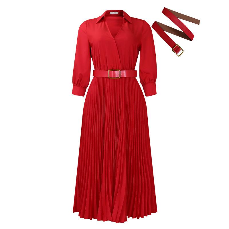 Women Elegant High Waist Turn Down Collar Long Sleeve Solid Pleated A Line Midi Dress