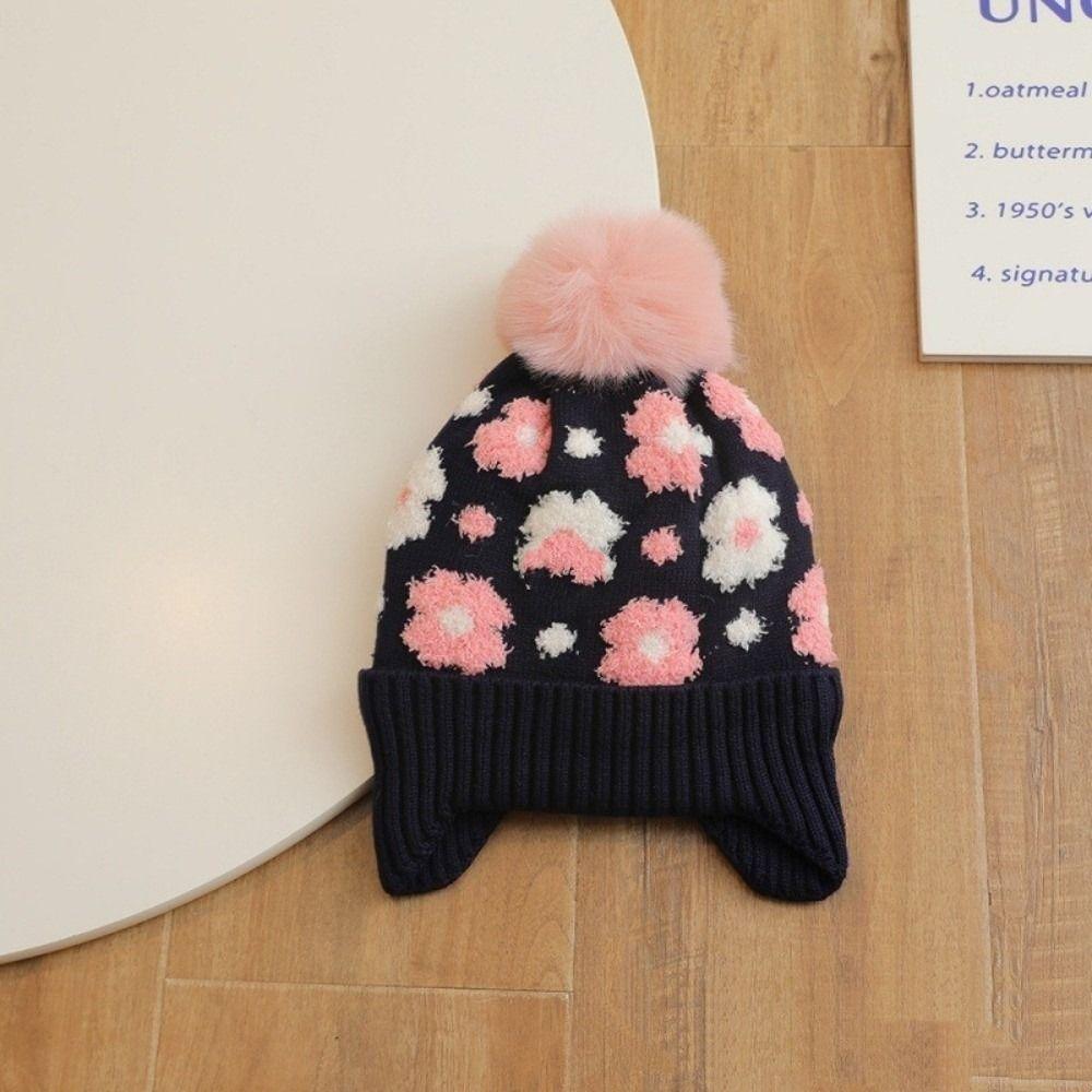 Winter Flower Ear Protector Hat Kids Warm Pompom Knitted Hats Toddler Bonnet  Children's Outdoor