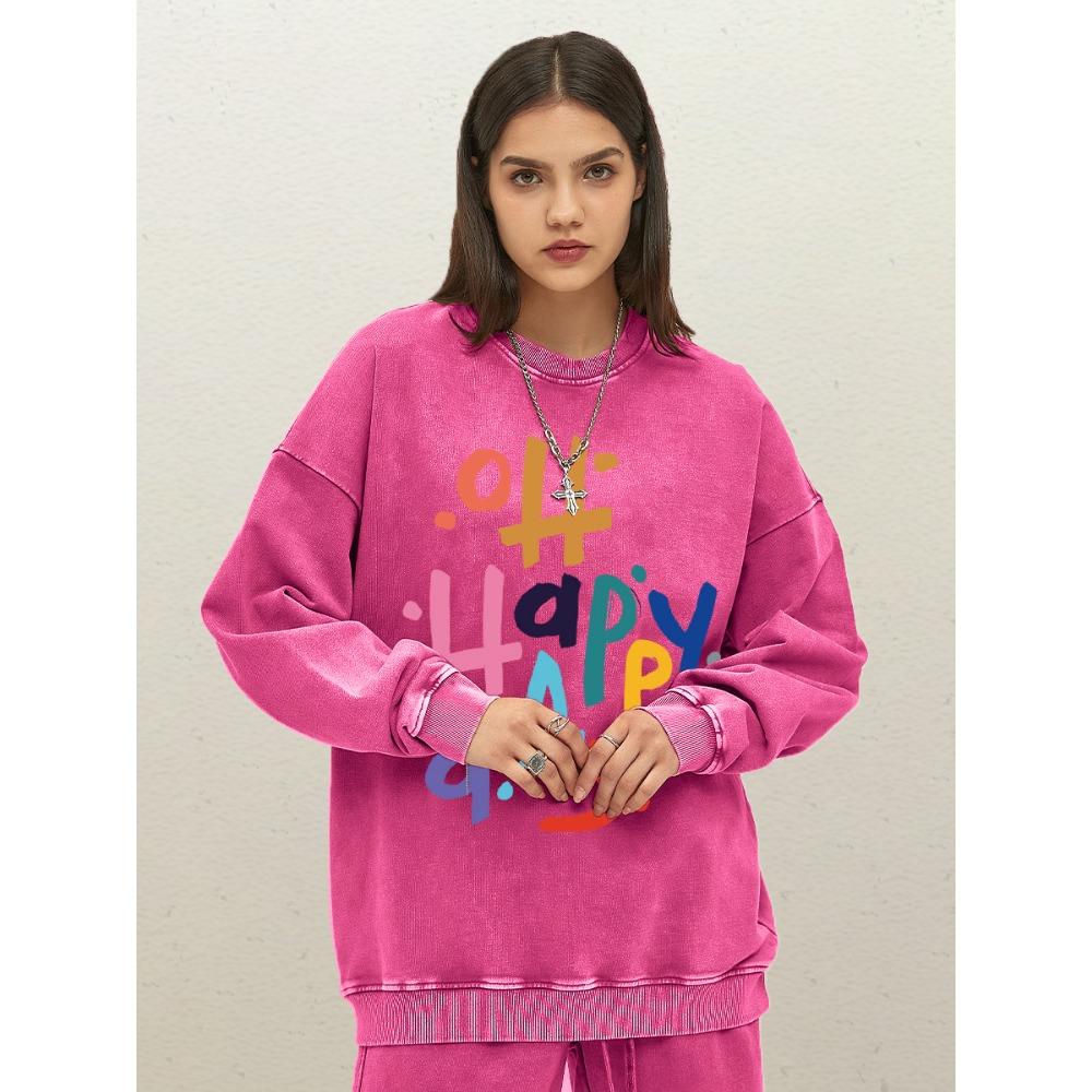 Happy Day Colorful Art Letter Print Washed Sweatshirt Women Casual Loose Pullover Crewneck Streetwear Cotton Clothes