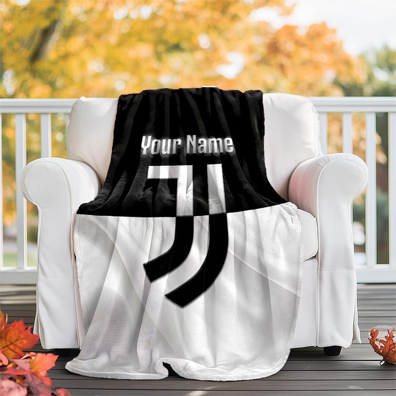 1pc Personalized Name Juventus Theme Blanket - Digital Print, Polyester, Cozy for All Seasons, Perfect for Outdoor, and Travel