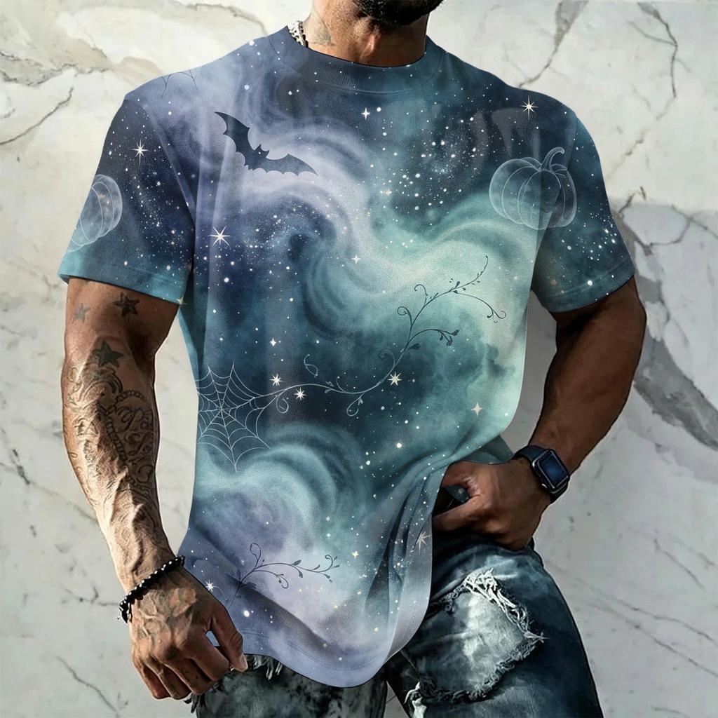 Men's Halloween Vintage Short Sleeve T Shirt Loose Breathable Summer Sports Street Casual Everyday Top with Pumpkin and Bat Print
