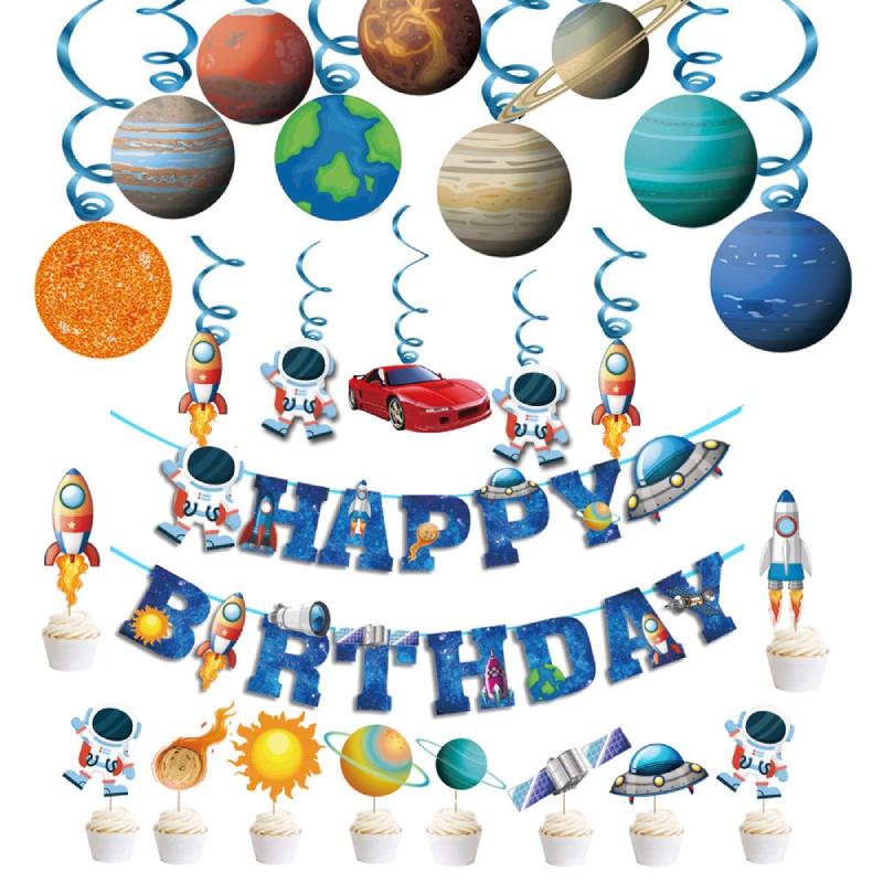 Themed Space Outer Spaceman Rocket Birthday Party Decor Set Banner Topper Cake