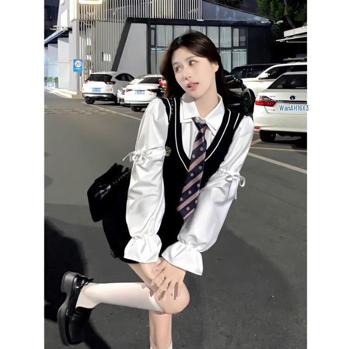 

Весна и осень 2025 Милое платье на подтяжках в студенческом стиле - модная юбка-двойка для женщин Small чёрный