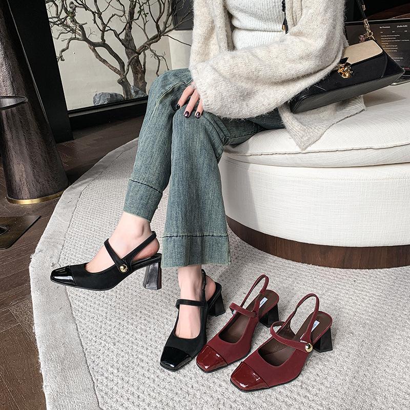 High heels Mary Jane shoes evening shoes single shoes French summer soft sole with skirt square head bag head sandals women's thick heel