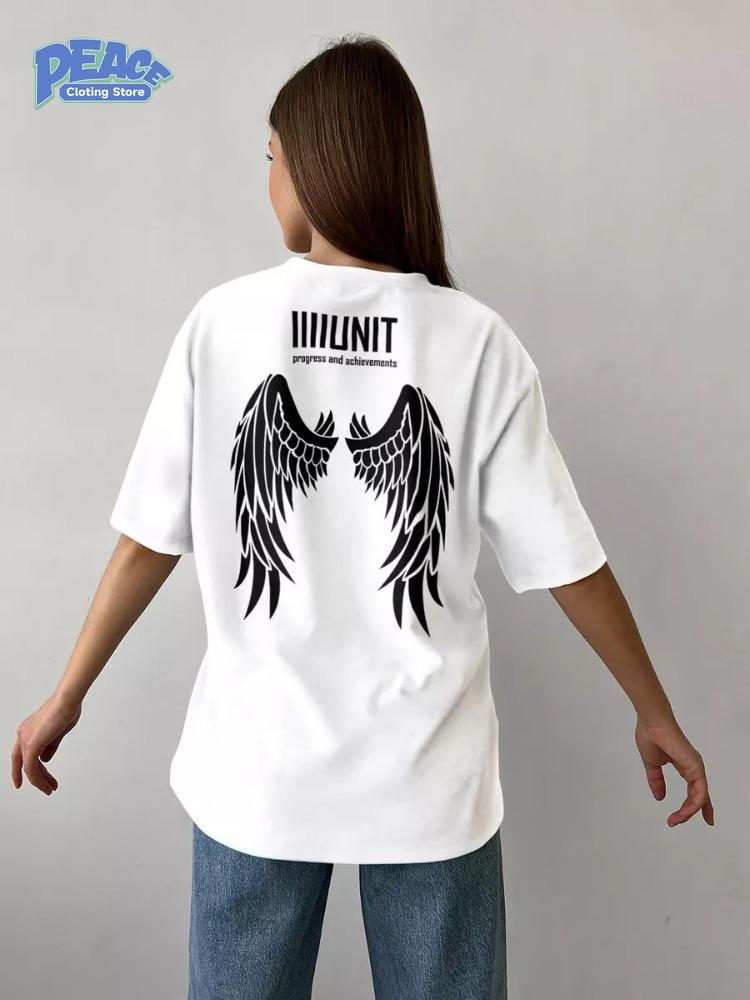 

Черная футболка с принтом крыльев 100% хлопковая футболка для мужчин и женщин Летняя мода Повседневный удобный топ с коротким рукавом Уличная одежда XXXL белый