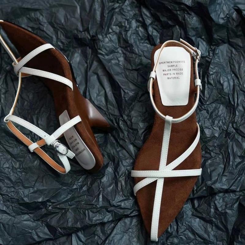 2024 New Women's Shaped High Heel Summer Luxury Cowhide Spaghetti Strap Slingback Women's Fashion Sandals