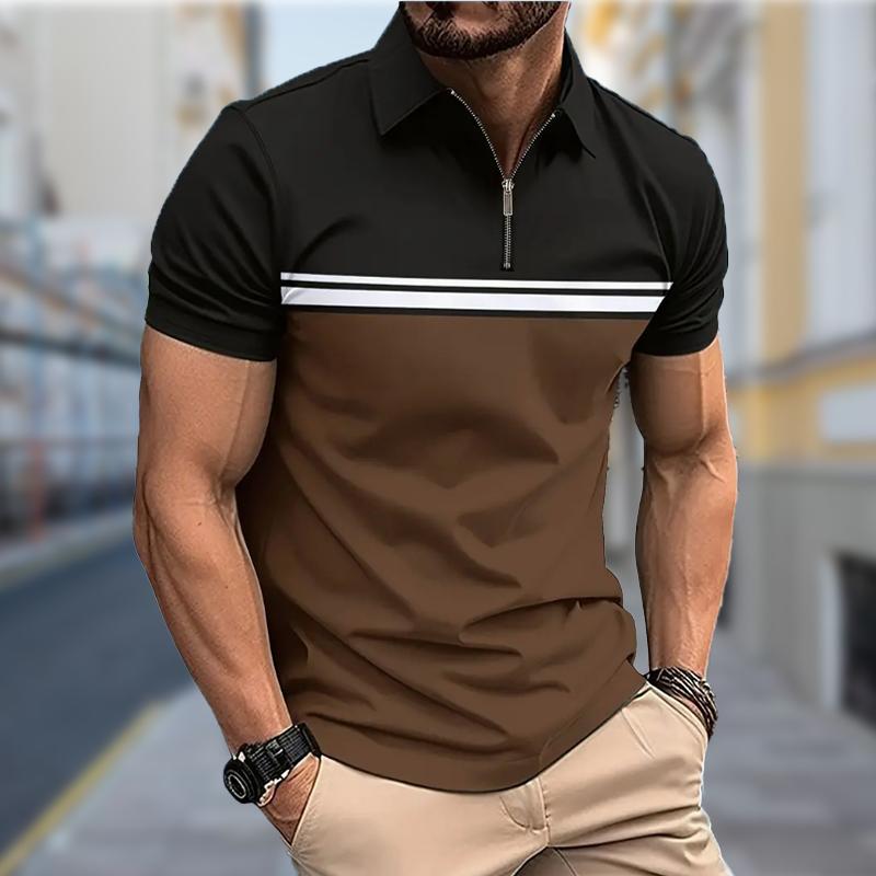 Men's Shirt Polo Casual Zip Short Sleeve Fashion Casual Zipper Summer Spring Regular Fit Leisure Splicing 3D Print Shirt