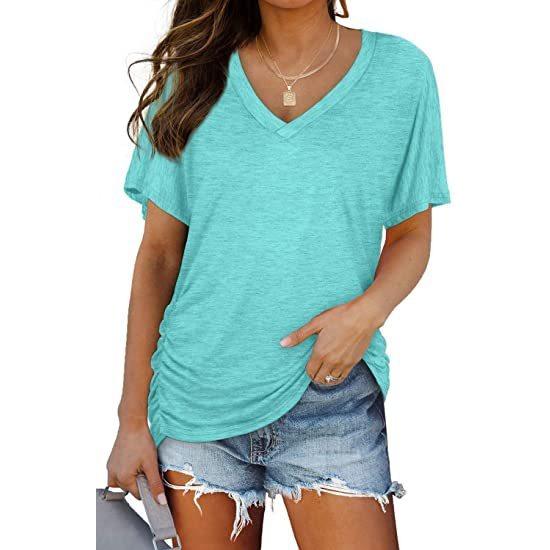 GMXIA Women's Solid Color Bat-sleeve Side Pleated V-neck Short-sleeved T-shirt