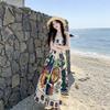 Retro ethnic style oil painting graffiti printing suspender dress women's summer new high-end niche seaside long skirt
