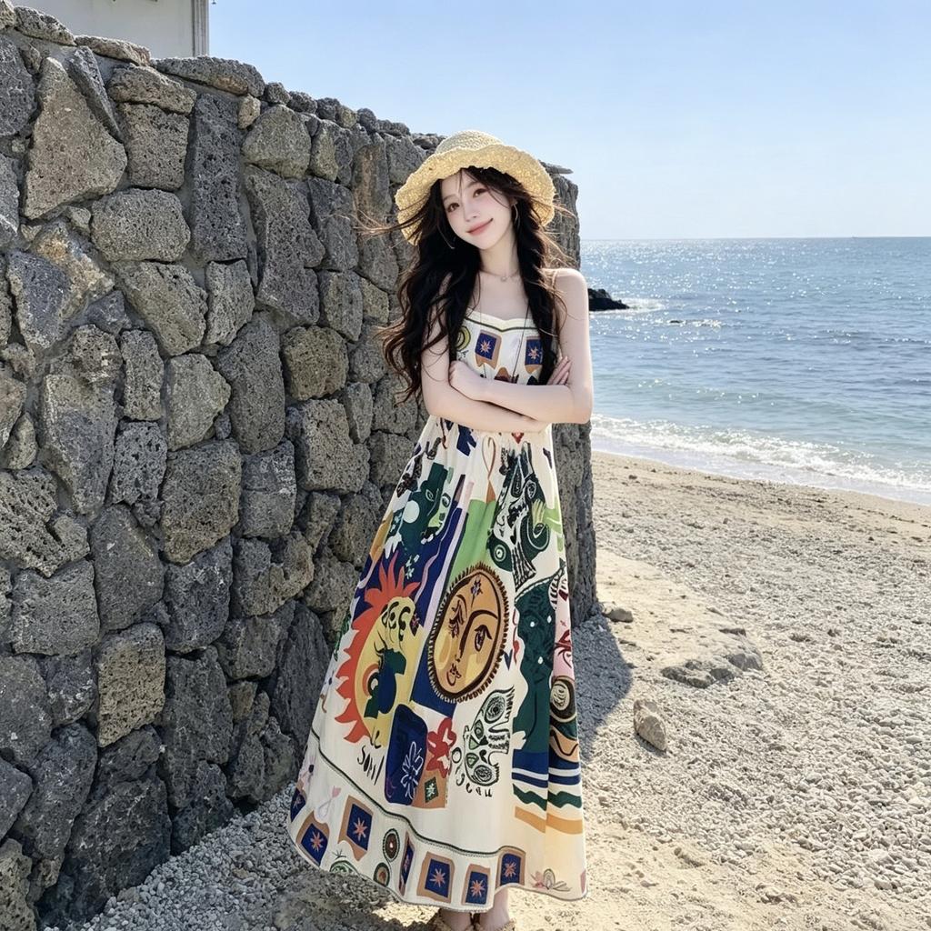 Retro ethnic style oil painting graffiti printing suspender dress women's summer new high-end niche seaside long skirt