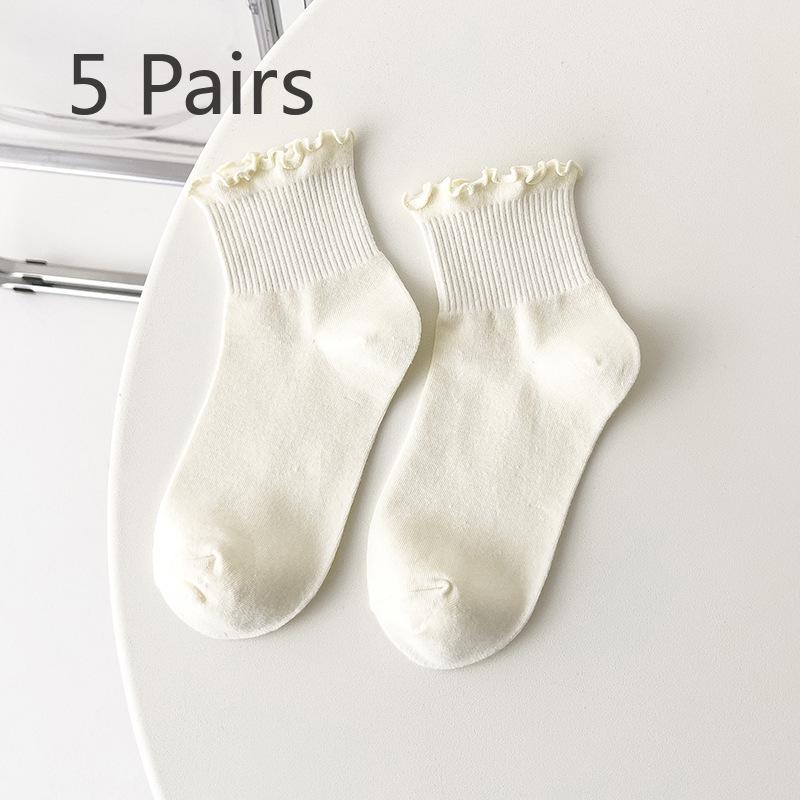 5 Pairs Wooden Ear Side Socks Women's Summer Short Tube Lace Socks Spring and Autumn Socks Tide Socks