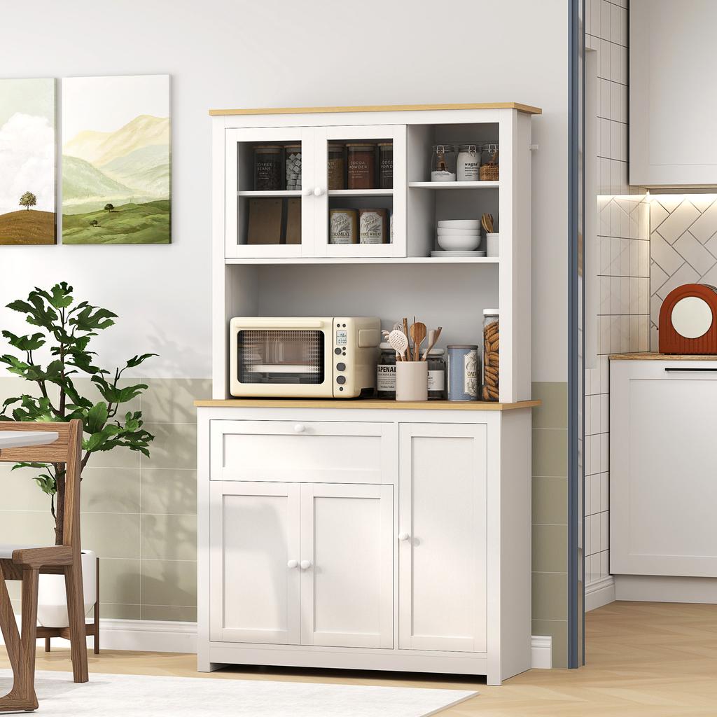 Armario de Cocina Estilo Casa de Campo, 1 Vitrina, 1 Estante Abierto, 1 Cajón, 2 Armarios, Natural + Blanco