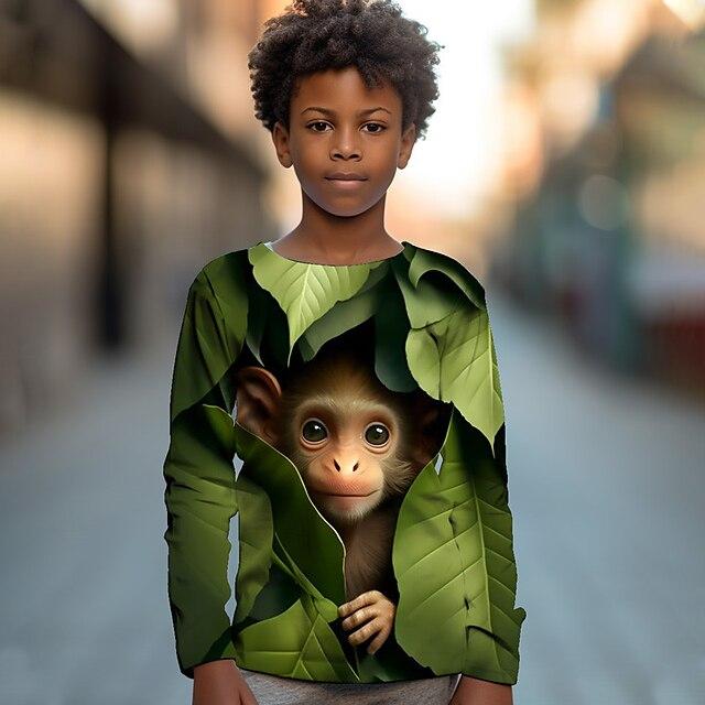 Modne casualowe koszulki dziecięce z długim rękawem z nadrukiem 3D tygrysa i małpy z okrągłym dekoltem