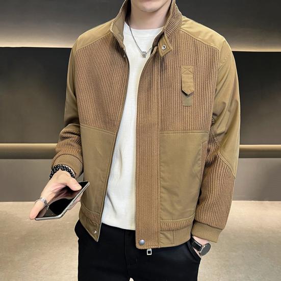Men Jacket Stand Collar Long Sleeve Zipper Placket Jacket Coat Solid Color Retro Corduroy Jacket Short Style Windbreaker