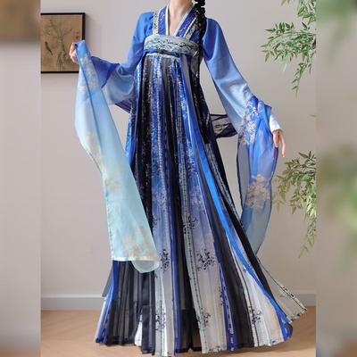 Çin Tang Hanedanı Tarzı Hanfu Mavi Bakire Serisi İşlemeli Göğüs Boyu Yazlık Günlük Takım
