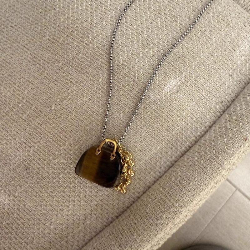 Natural Tiger Eye Stone Bag Grape Pendant Necklaces for Women Trendy Design Titanium Steel Sweater Chain Accessories
