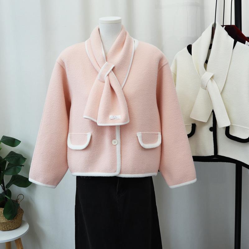 

С шарфом вязаный двухсторонний кардиган осень и зима новый темпераментный дизайн свитер куртка женская one size fits all розовый