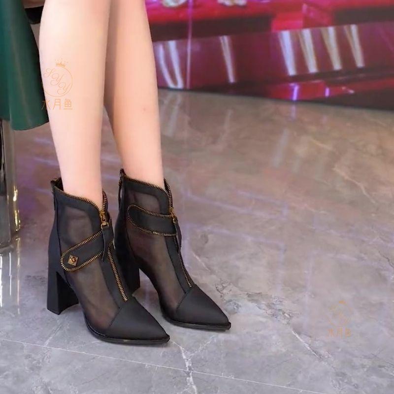 High-heeled short fashion boots 2025 autumn square head waterproof table belt buckle thick heel thin front zipper Martin boots women