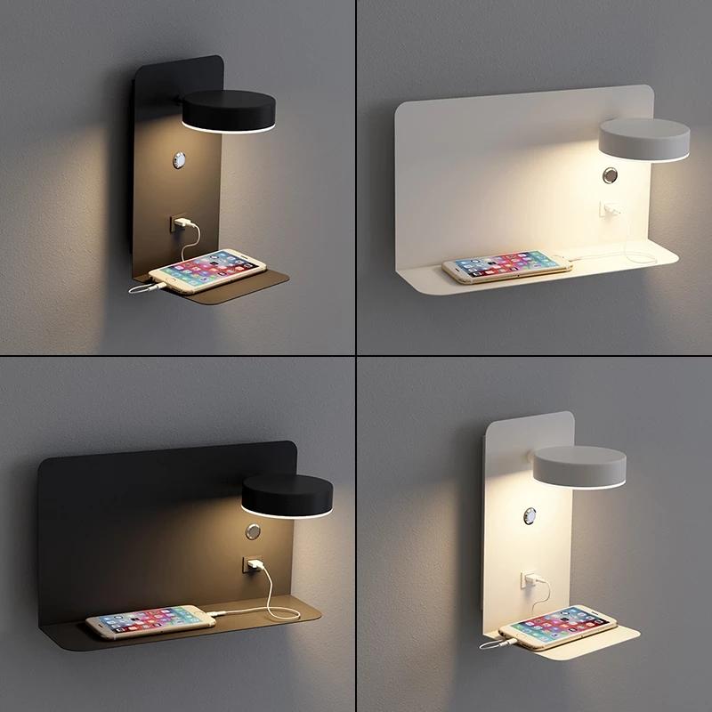 Bedside LED Wall Lamp With Shelf Bedroom USB Charging Interface Adjustable With Switch Storage Bracket 12W Wall Sconce Light