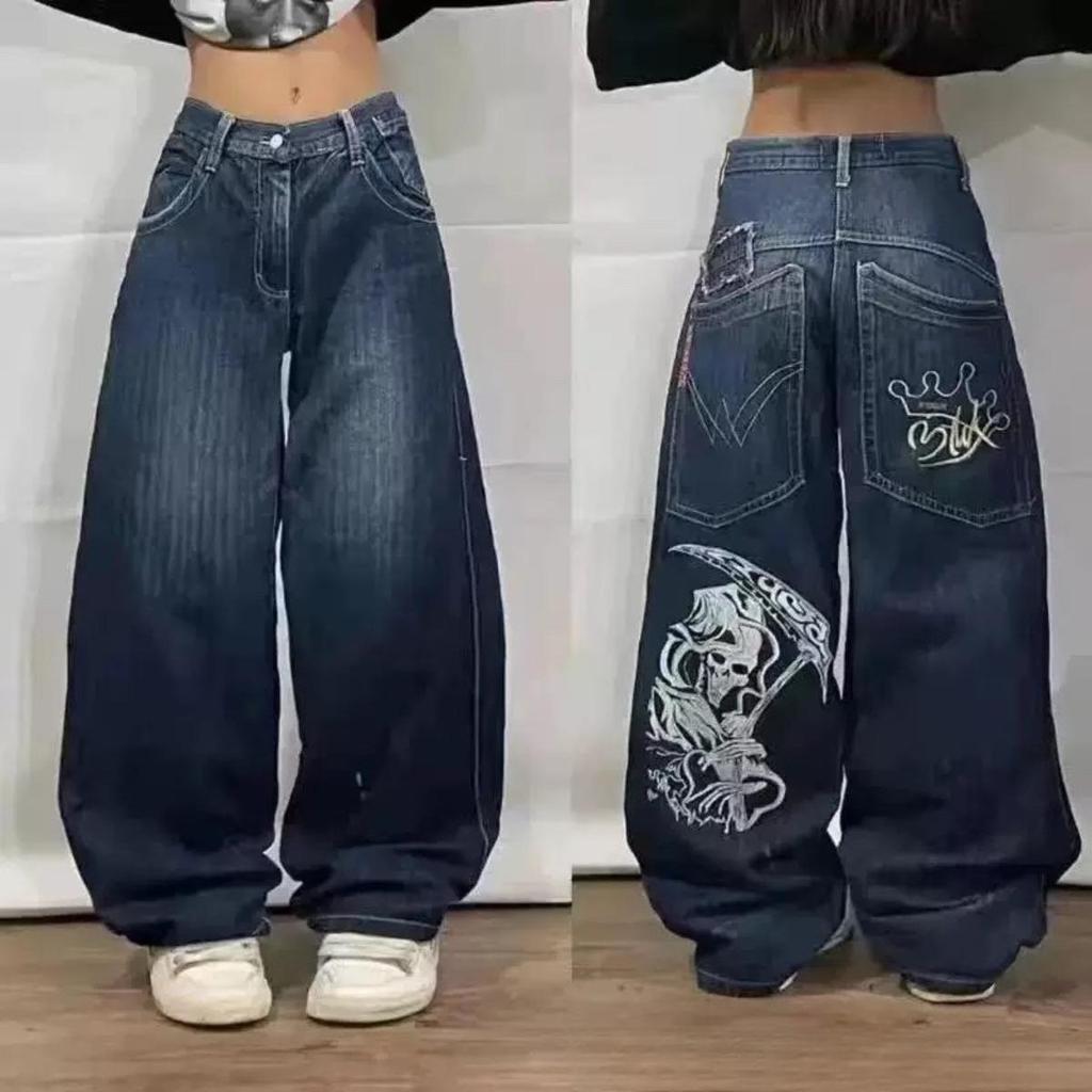 VibeStreet Americká Móda Nové Černé Staré Prané Díry Baggy Džíny Dámské Y2K Vintage Punk Móda Ležérní Joker Vysoký Pas Široké Nogavice Kalhoty