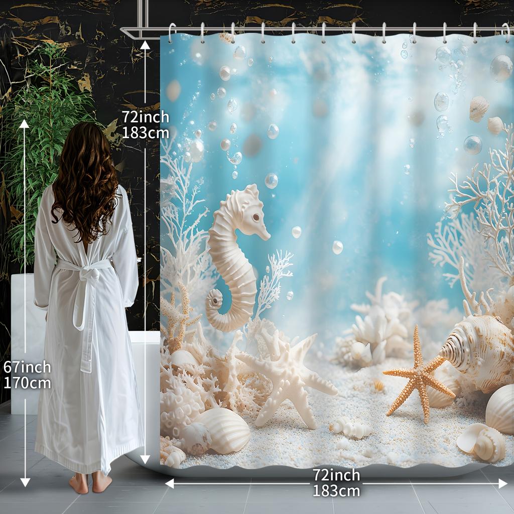 Seashells and Starfish Beach Scene Shower Curtain - Water-Resistant Fabric for Bathroom - Perfect for Coastal and Ocean Lovers
