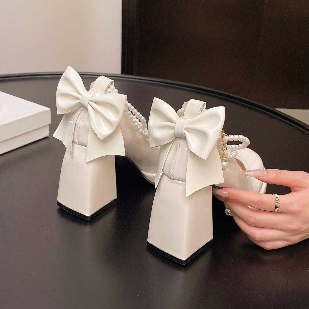 2025 New Pearl Chain Small Single Shoes Thick Heel Mary Jane High Heels Bow with Skirt High Heels Women