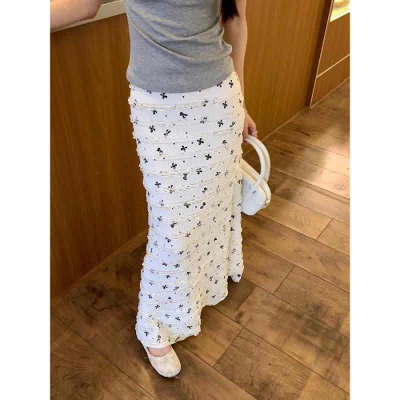 White bow print floral fishtail skirt women s summer half-body hip-wrapped dress small man S