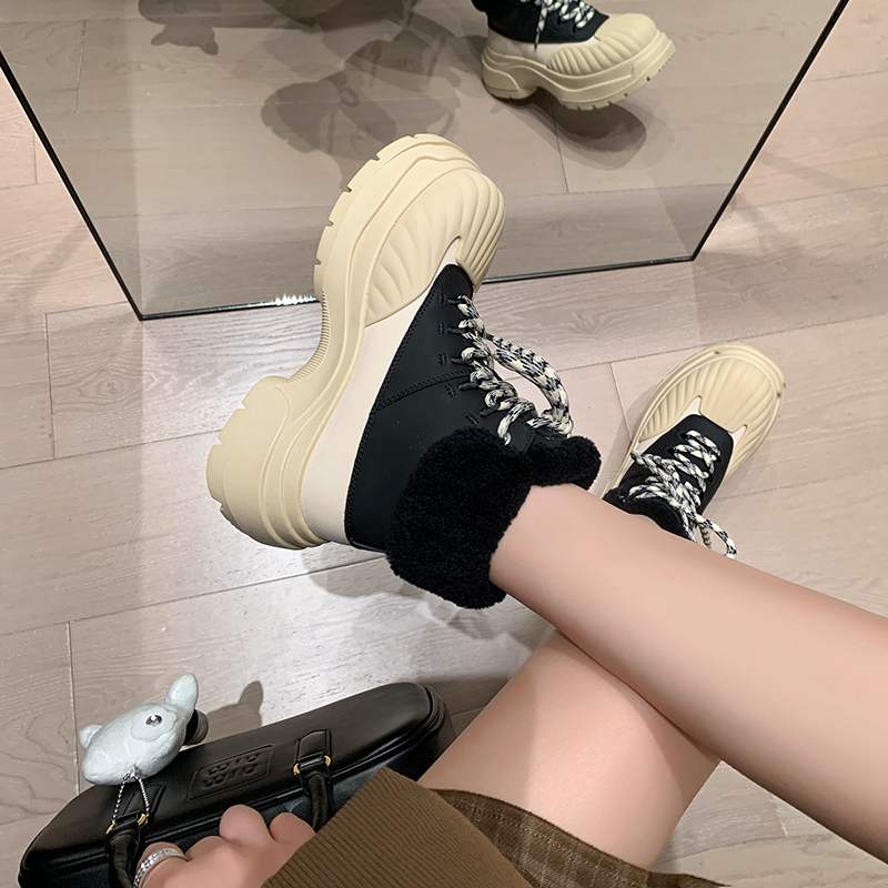 Krazing Pot Cow Leather Wool Blend Winter Round Toe Platform Snow Boots Lace Up Design Women Keep Warm Ankle Boots