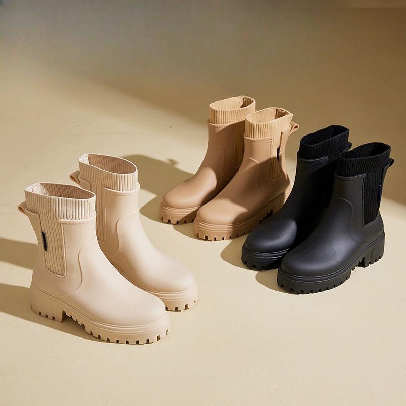 Women's Elastic Mouth Tube Rain Boots, Waterproof, Anti Slip, Wear-resistant Rain Boots for Outdoor Commuting and Camping, Women's Rain Boots