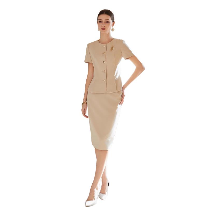 Beige Korean Style Summer Blazer Workwear Set with Short Sleeves