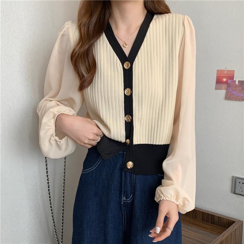 Autumn Winter Loose Casual V-neck Cardigan Sweater Women Long Sleeve Chiffon Patchwork Knitting Coat Top