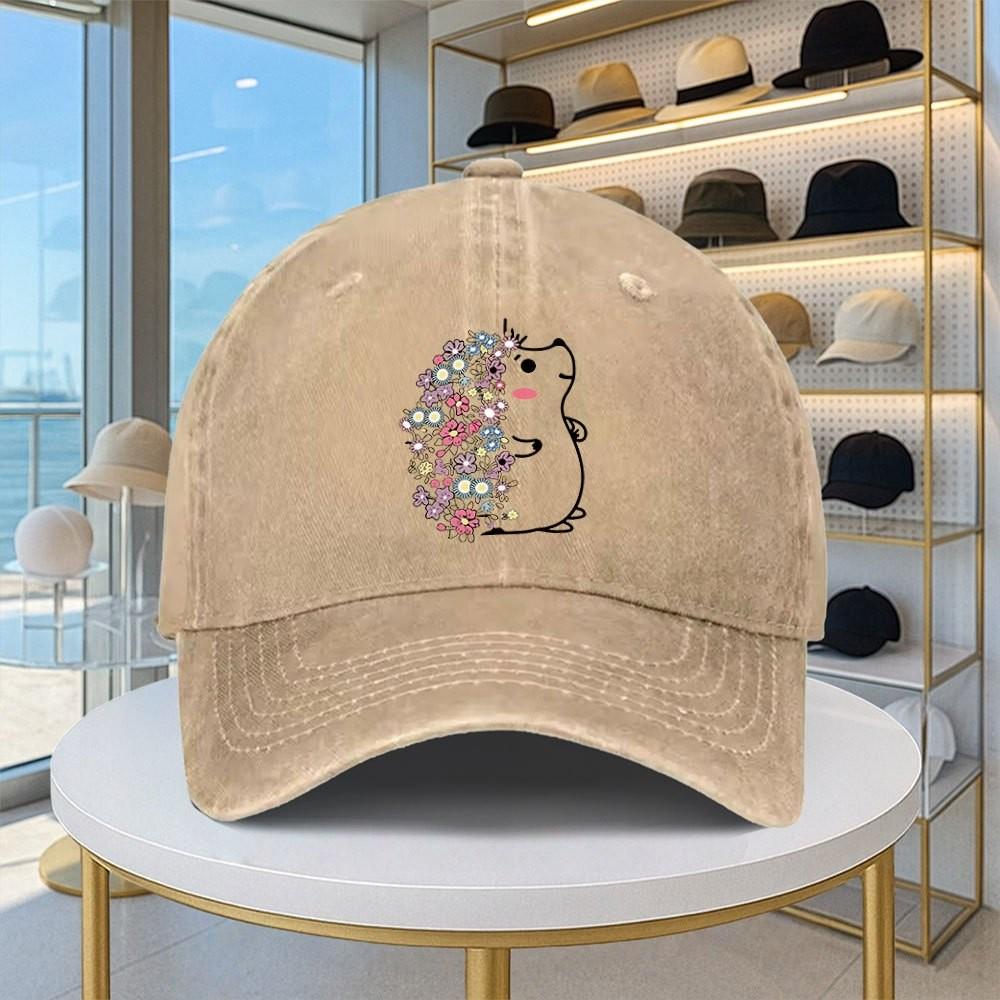 Hedgehog Floral Print Washed Baseball Cap Adjustable Cotton Twill Casual Outdoor Cap Unisex